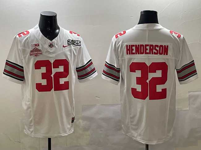 Mens Ohio State Buckeyes #32 TreVeyon Henderson White 2025 CFP Final With National Champions Patch F.U.S.E. Vapor Limited Stitched Football Jersey